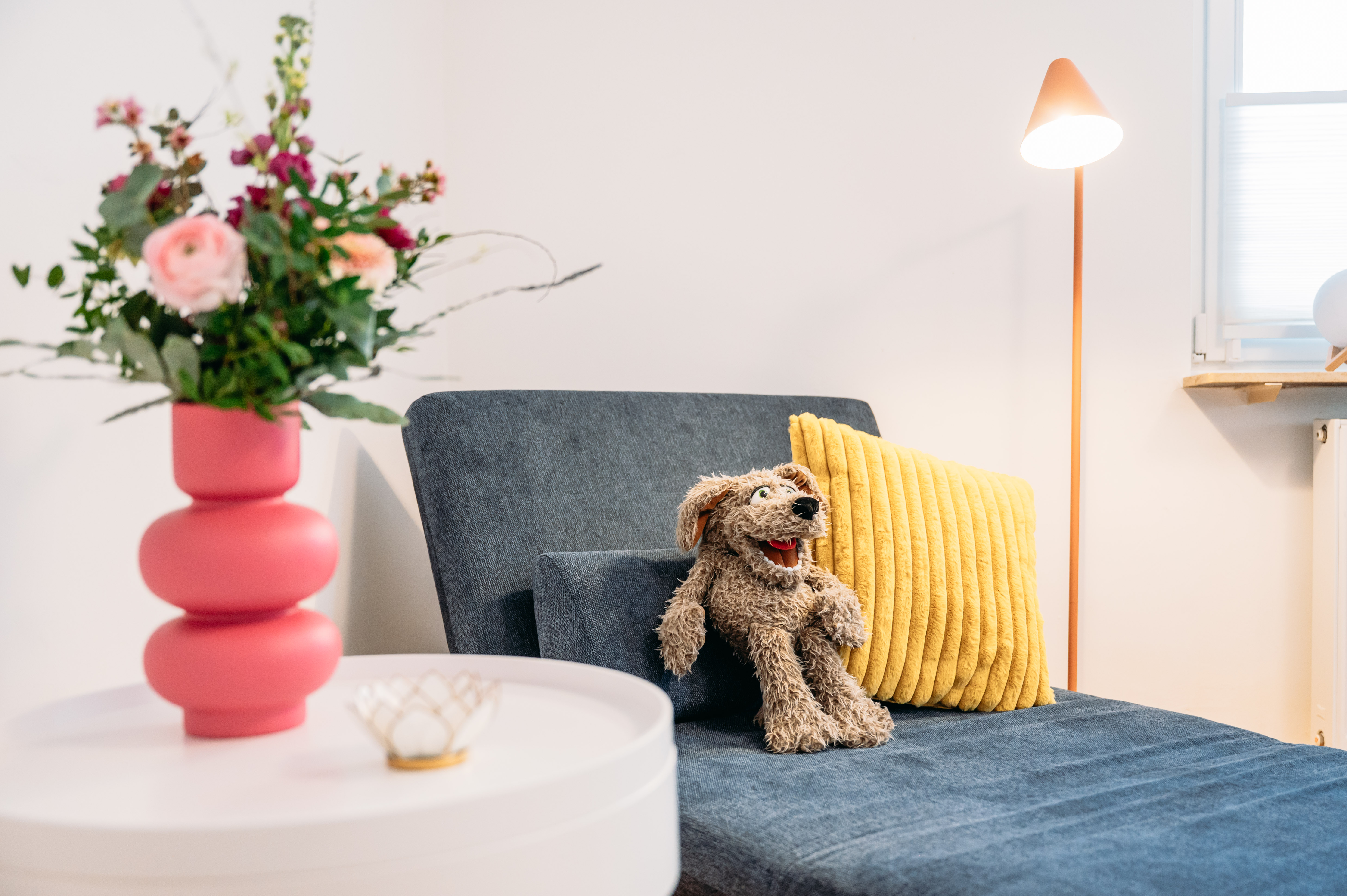 Darstellung eines Kuscheltieres (Praxishund 'Flocke'), das auf einem Sessel in der Praxis liegt.